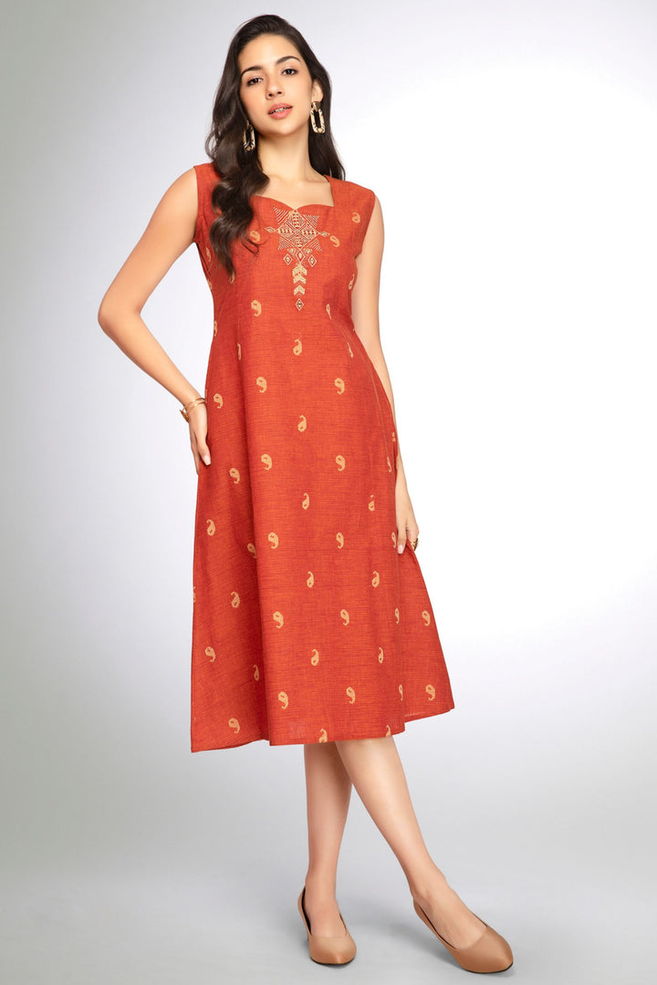 Brick Red Thread and Mirror work A-Line Cut Calf Length Kurti