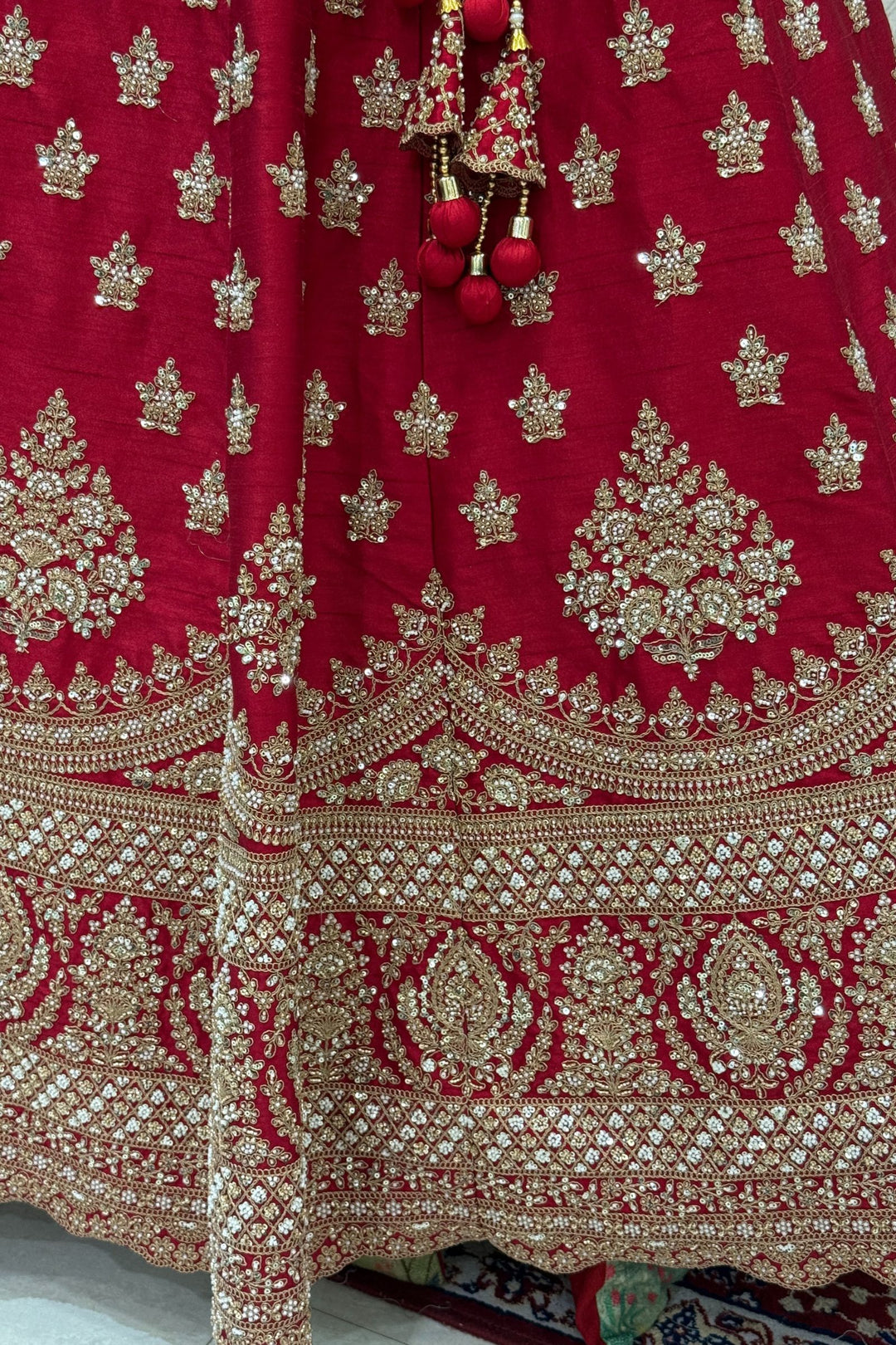 Maroon Beads, Zari, Zardozi and Sequins work Crop Top Designer Bridal Lehenga with Belt