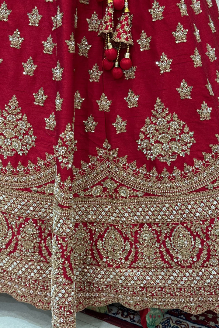 Maroon Beads, Zari, Zardozi and Sequins work Crop Top Designer Bridal Lehenga with Belt