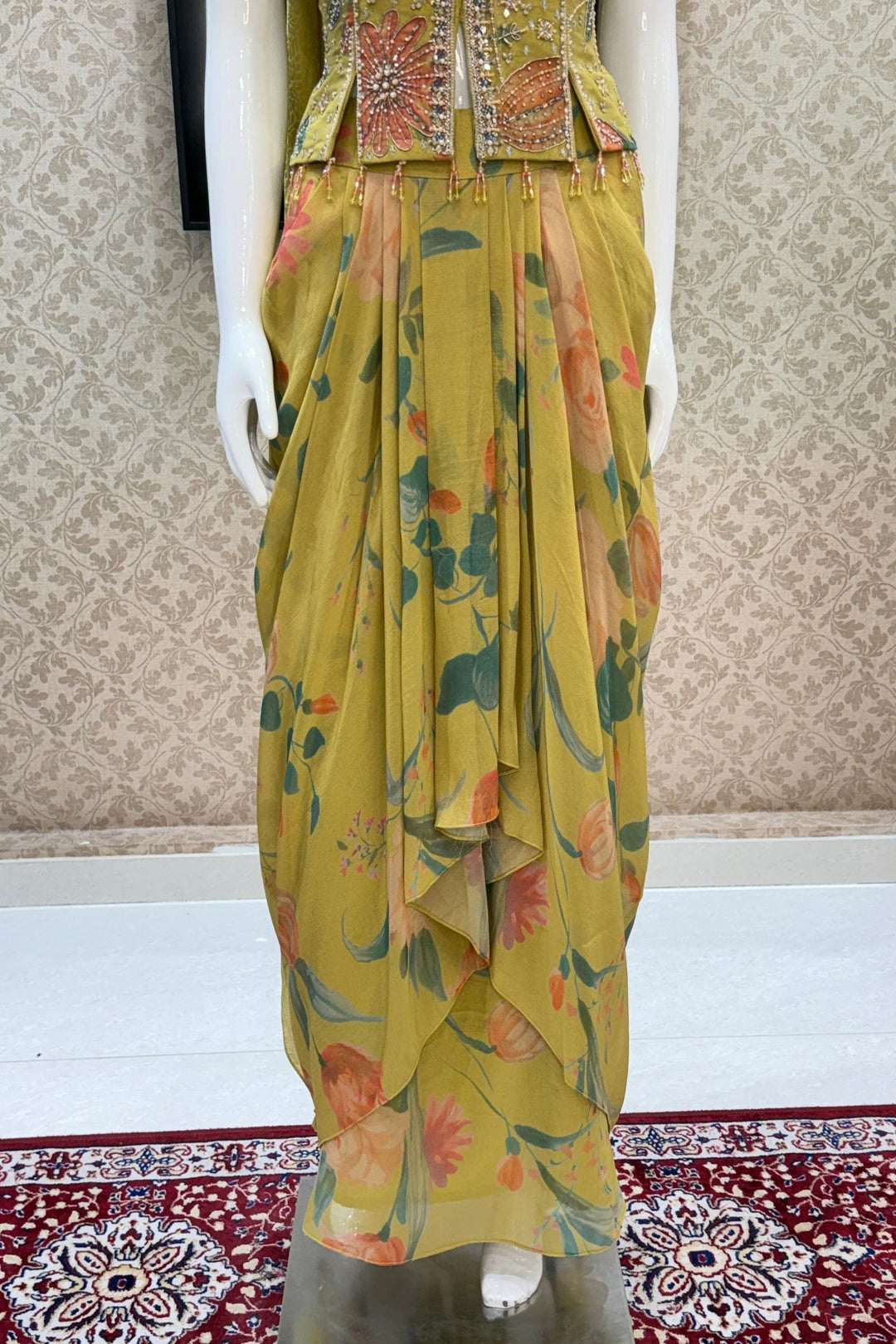 Lemon Green Indo-Western Styled Halter Neck Top and Cowl Skirt
