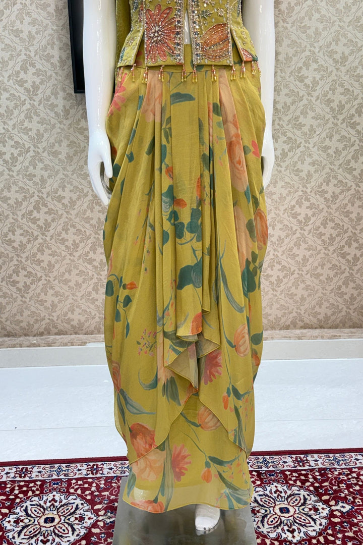 Lemon Green Indo-Western Styled Halter Neck Top and Cowl Skirt