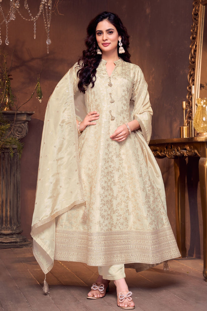 Cream Zari, Stone and Sequins work Anarkali Style Salwar