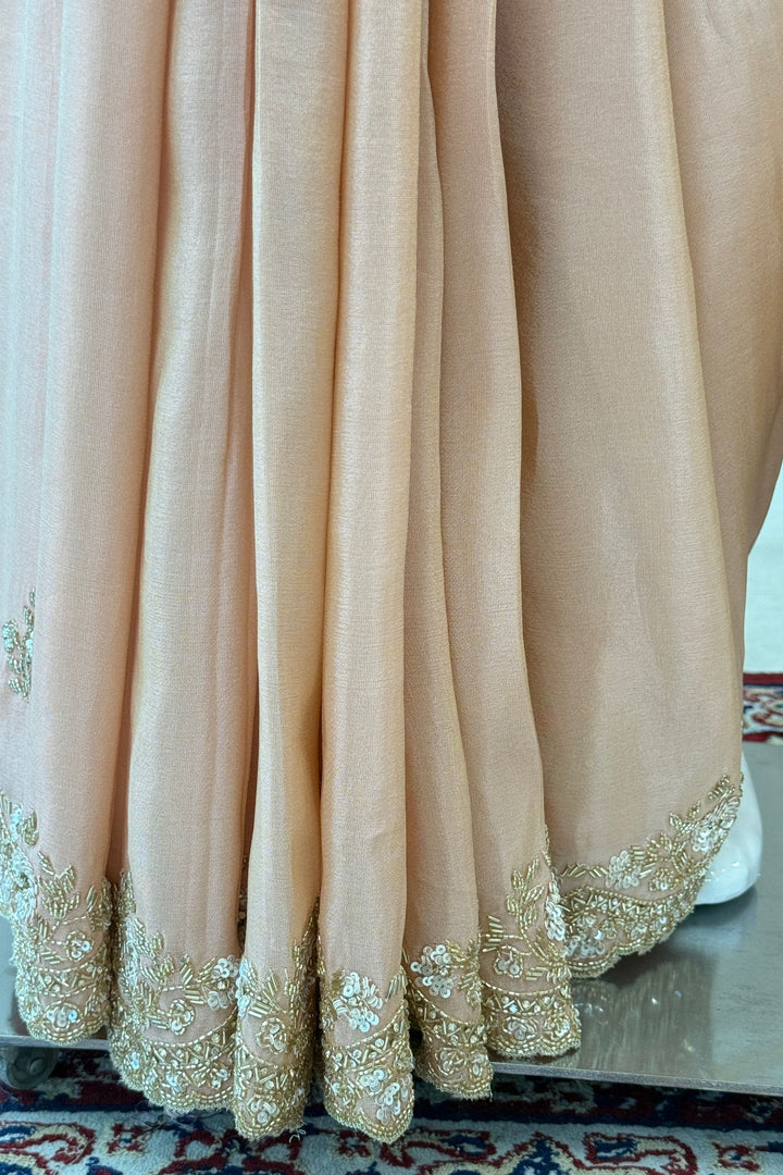 Peach Party Wear Saree with Sequins, Beads Border and Floral Motif Embroidery