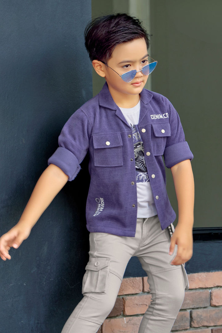 Purple with White Printed Blazer, T-Shirt and Grey Pant Set for Boys with Belt