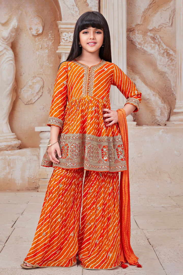 Orange Sequins, Zari and Beads work Peplum Top and Sharara Set for Girls