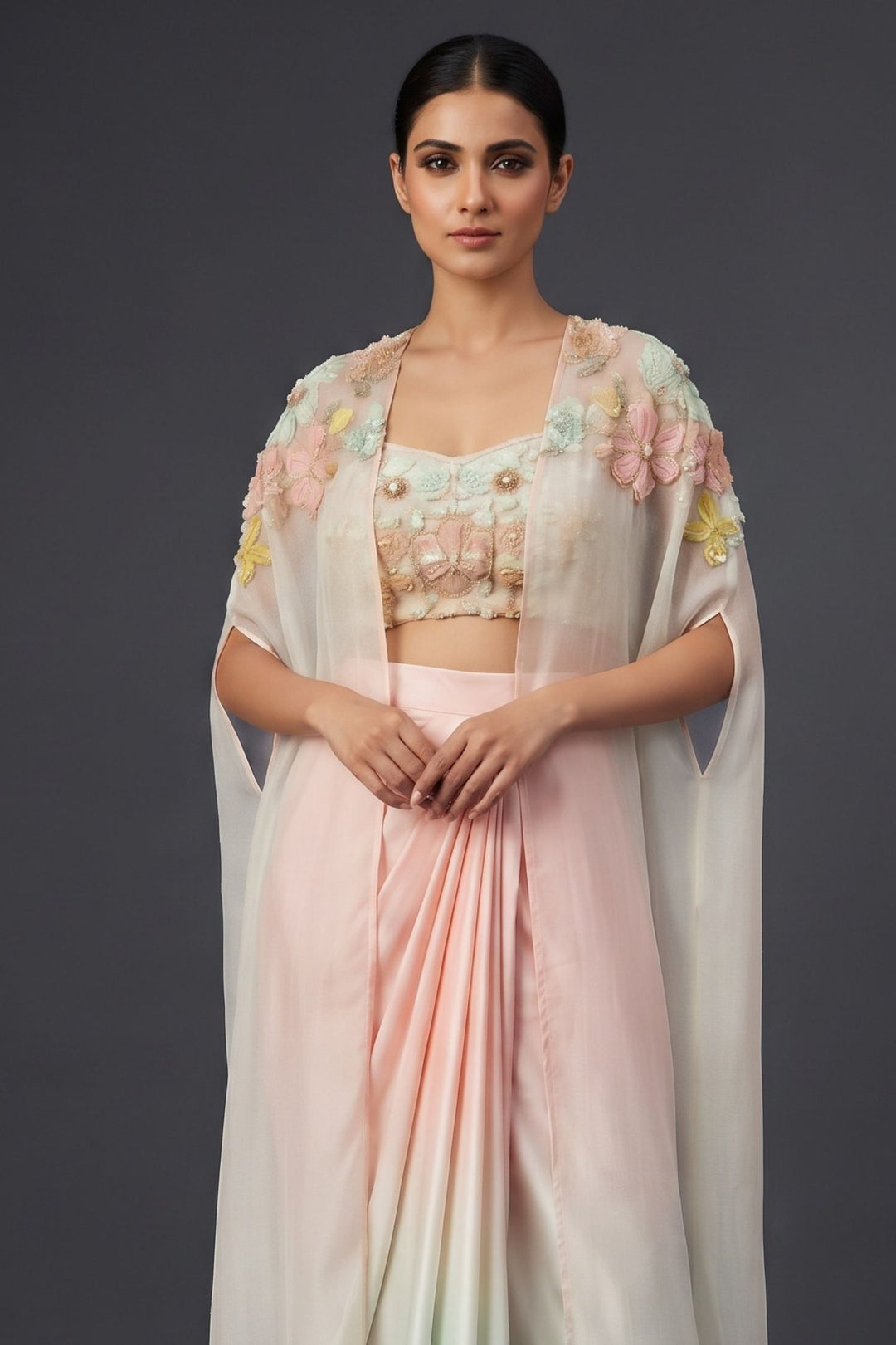 Pastel Pink with Blue Indo-Western Styled Cape, Top and Cowl Skirt