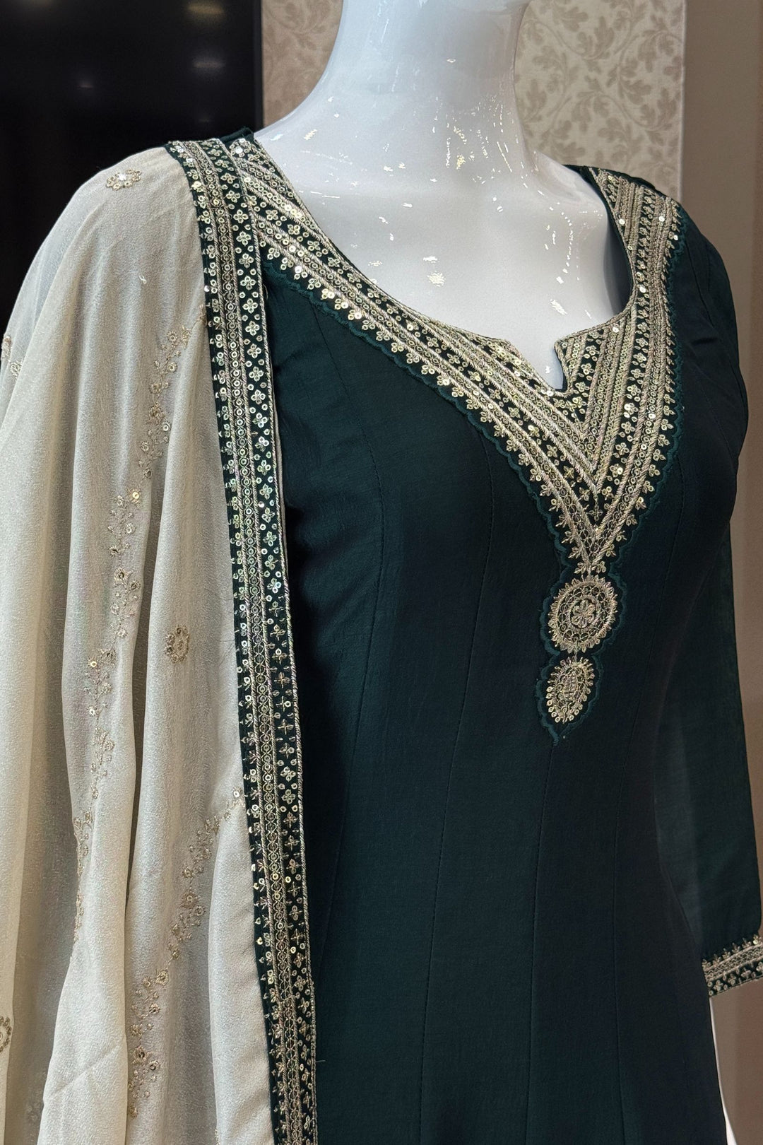 Bottle Green Sequins and Zari work A-line Cut Salwar Suit