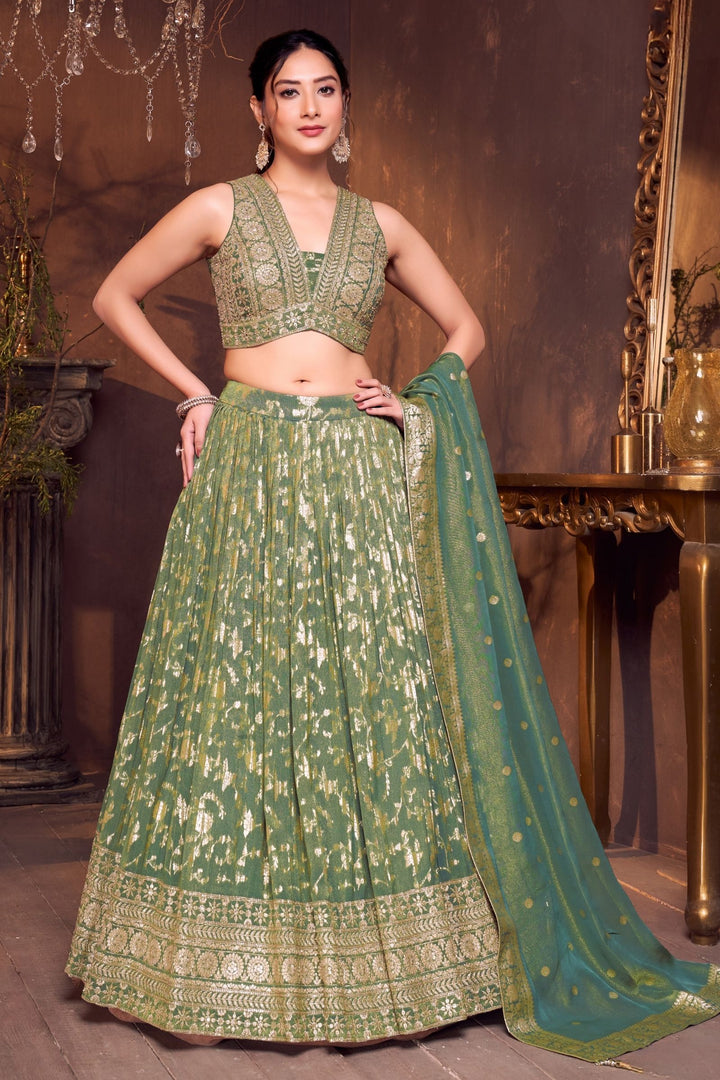Sea Green Sequins, Zari and Stone work Crop Top Lehenga