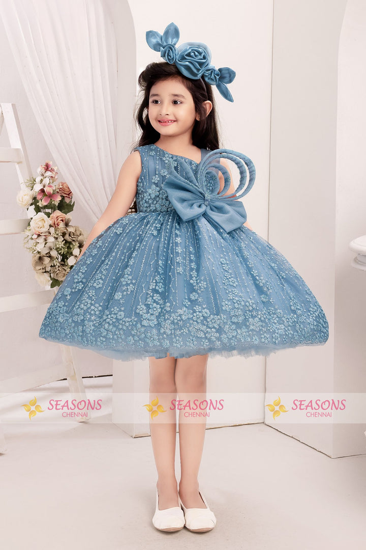 Greyish Blue Glitter work Short Partywear Frock for Girls