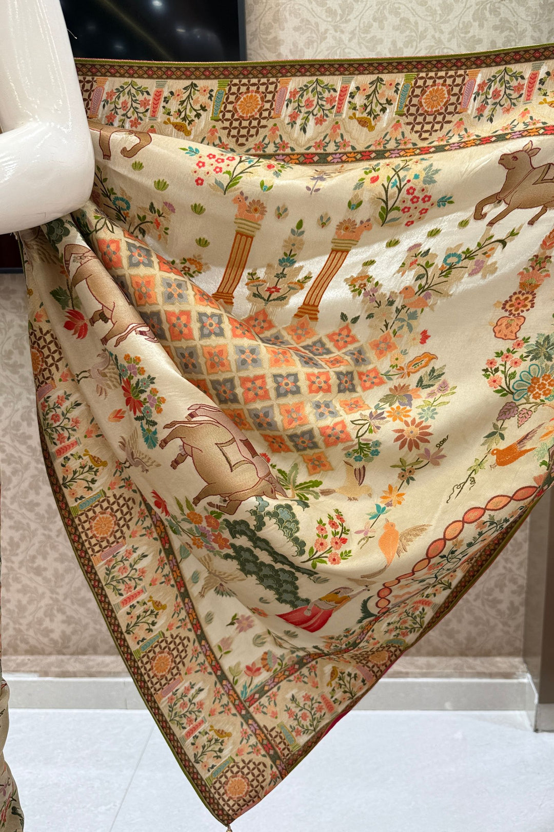 Cream Saree with Traditional Kalamkari Prints with Banaras work