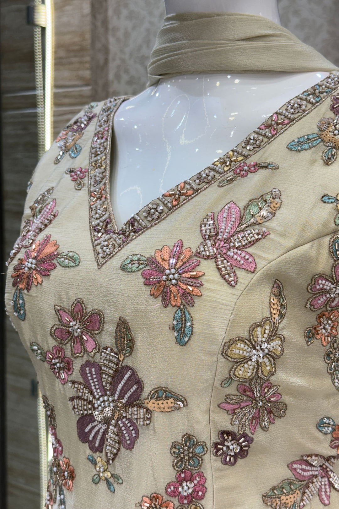 Cream Palazzo Set Featuring All-Over Multicolor Embroidery, Beads, Sequins and Zari