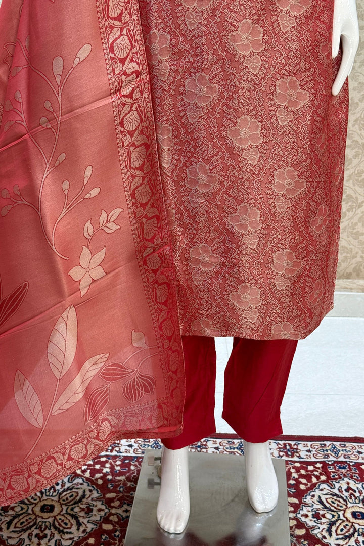 Red Brocade, Zardozi, Stone, Beads and Thread work Straight Cut Salwar Suit