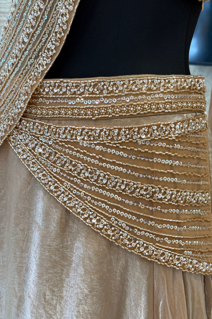 Champagne Gold Beads and Sequins work Draped Half Saree Lehenga Set