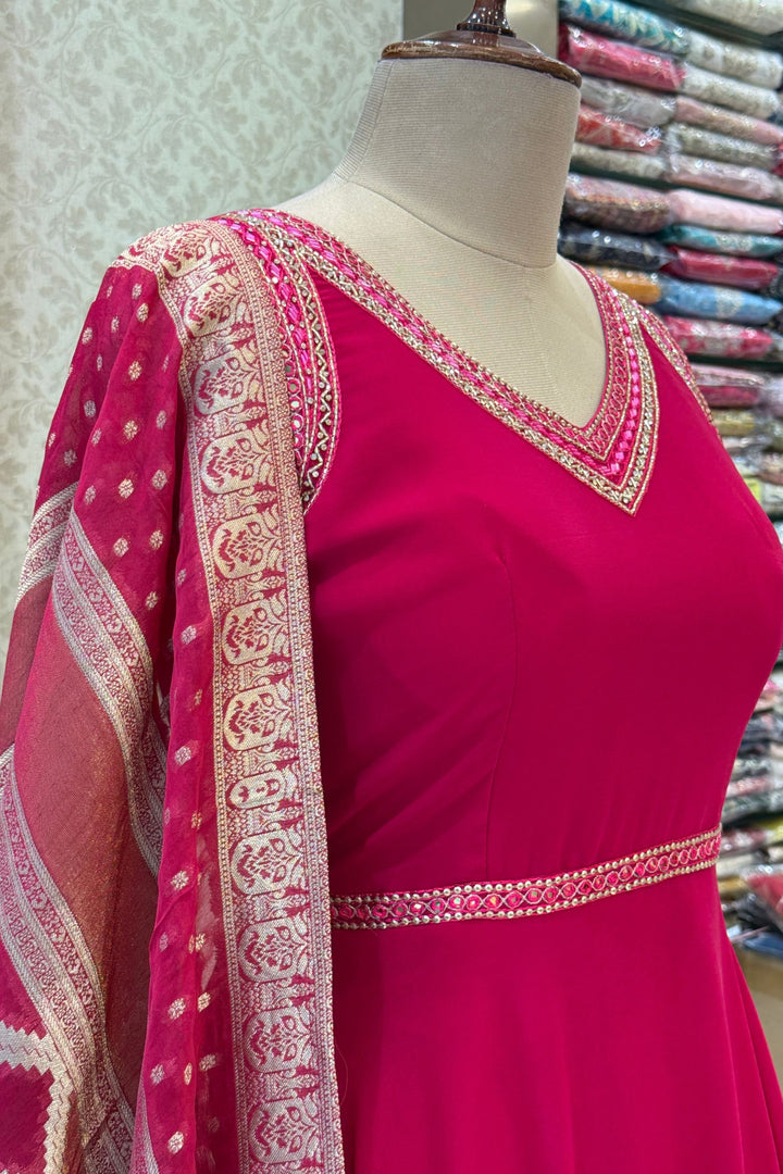 Rani Pink Beads and Sequins work Anarkali Gown with Traditional Banaras work Dupatta
