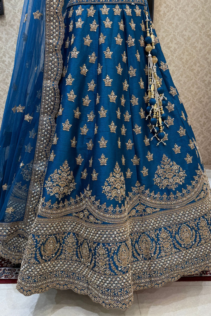 Teal Blue Beads, Zari, Zardozi and Sequins work Crop Top Designer Bridal Lehenga with Belt