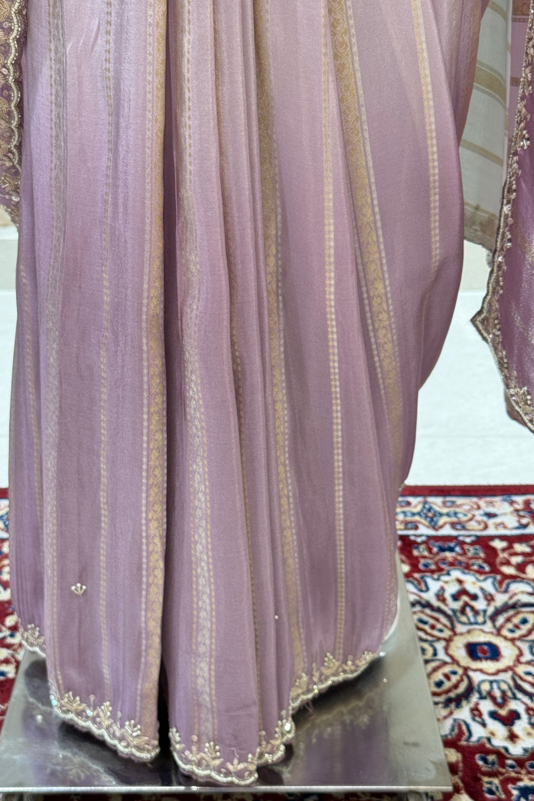 Elegant Lavender and Blue Saree with Golden Zari Stripe Detailing