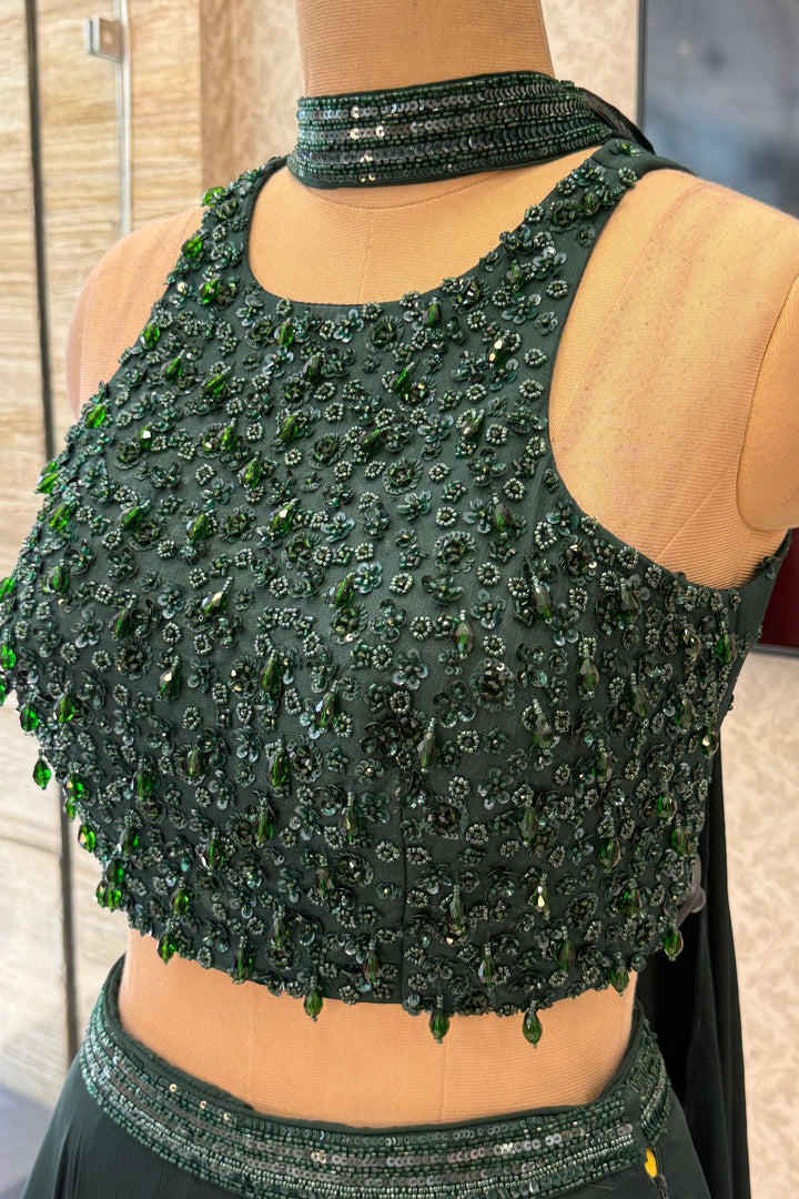 Bottle Green Beads and Sequins work Crop Top Lehenga