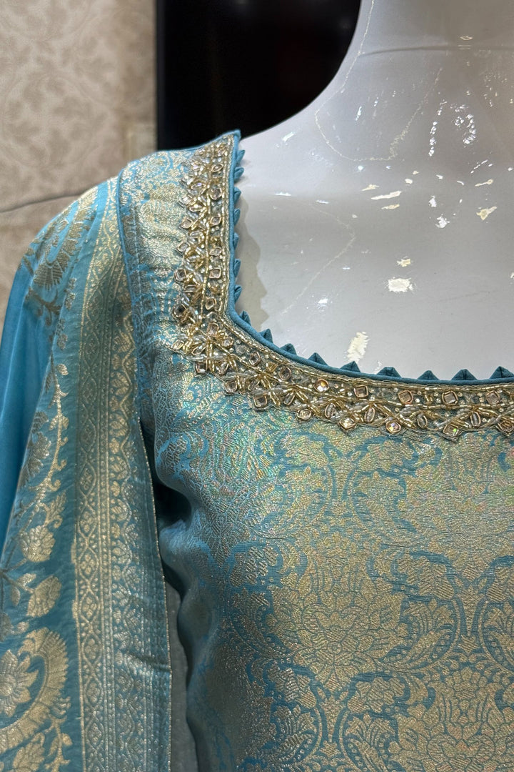 Sea Blue Beads, Mirror, Stone, Banaras and Brocade work Straight Cut Salwar Suit