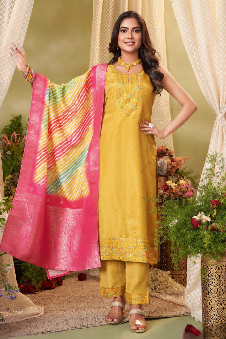Yellow Sequins, Banaras Zari and Multicolor Thread work Straight Cut Salwar Suit