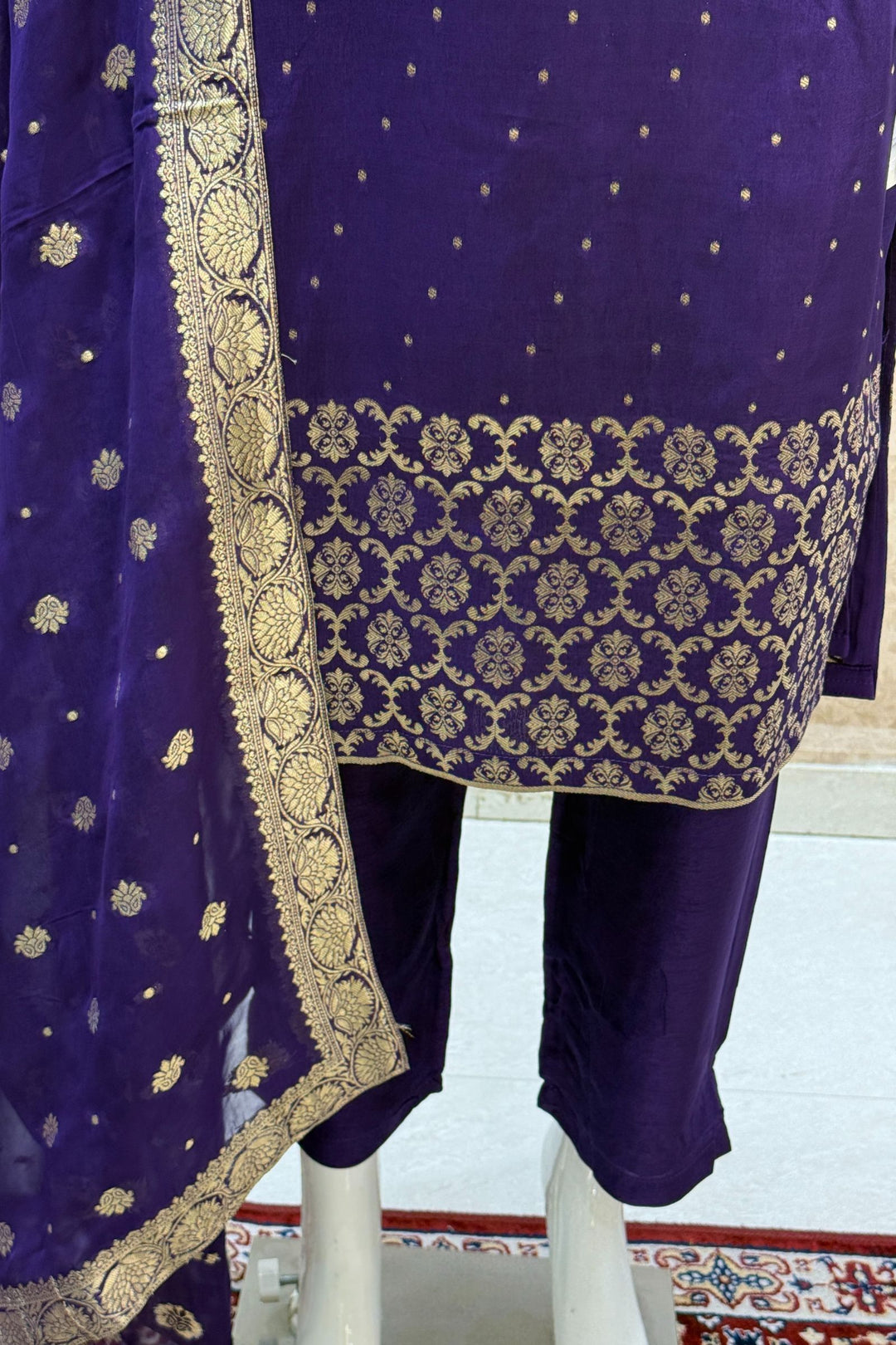 Purple Mirror, Stone, Zari and Banaras work Straight Cut Salwar Suit