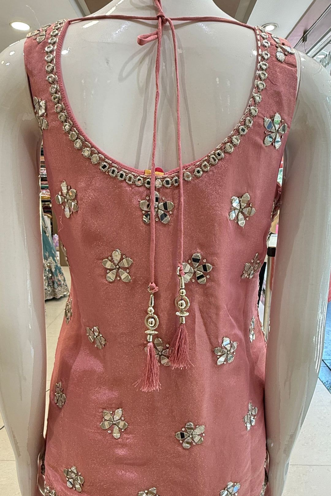 Pink Mirror, Zari and Stone work Top with Palazzo Pant Set