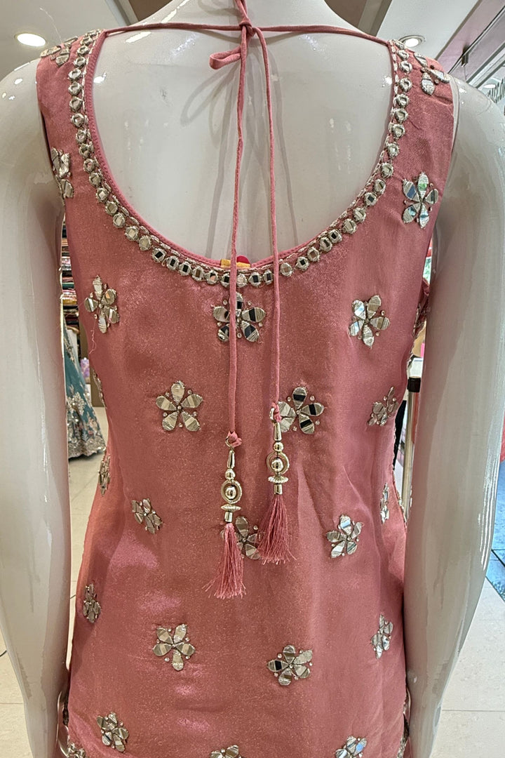 Pink Mirror, Zari and Stone work Top with Palazzo Pant Set