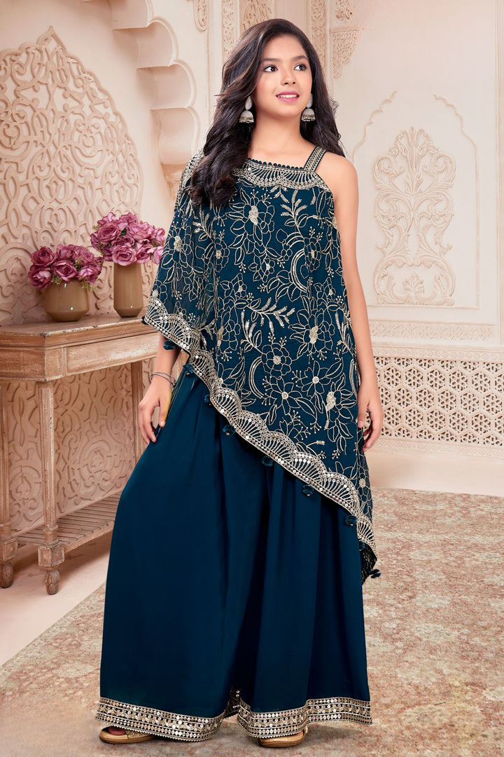 Teal Blue Sequins and Zari work Palazzo Suit Set for Girls