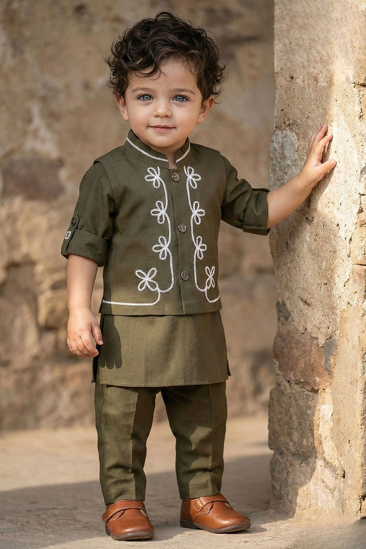 Olive Green Thread work Waist Coat Kurta Set for Boys
