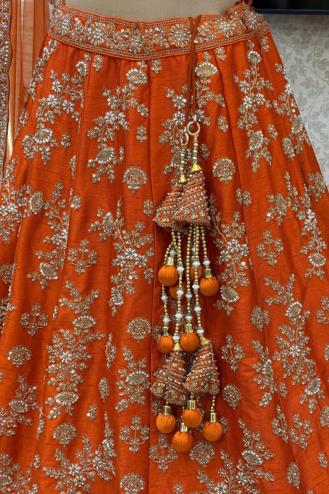 Orange Beads, Zari, Zardozi and Sequins work Crop Top Designer Bridal Lehenga with Belt