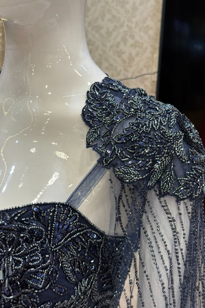 Navy Blue Indo-Western Styled Beads and Sequins work Crop Top and Cowl Skirt