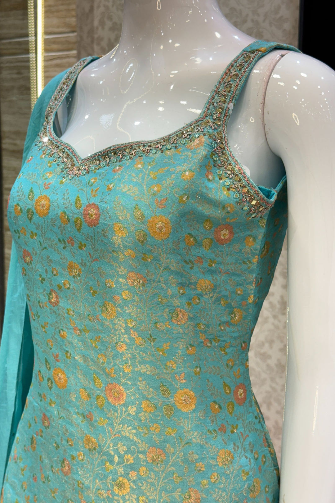 Sea Green Mirror, Zardozi, Stone, Beads and Brocade work Straight Cut Salwar Suit
