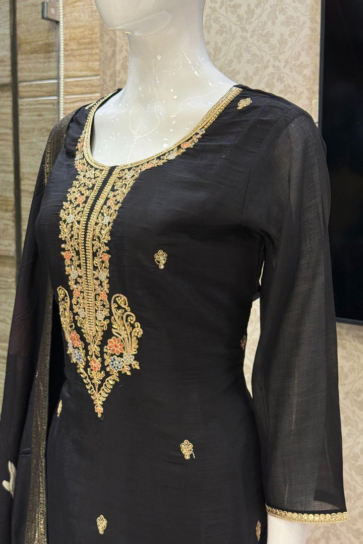 Black Beads, Zari, Sequins and Thread work with Floral Print Straight Cut Salwar Suit