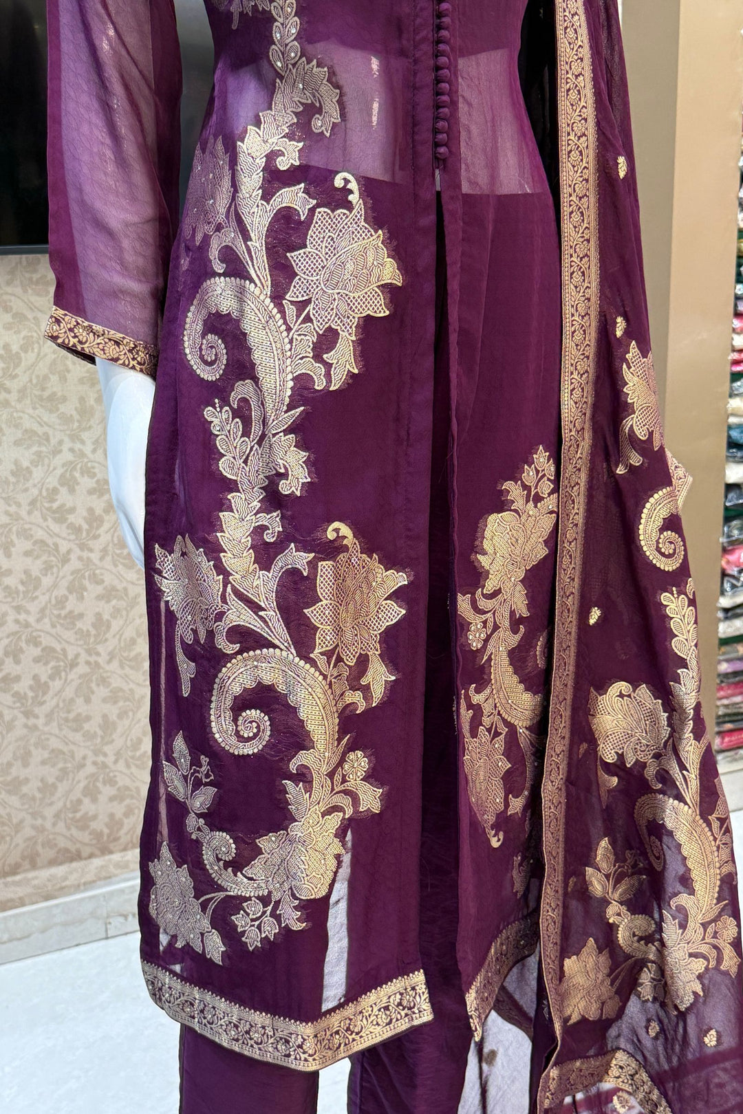 Purple Banaras, Stone, Zardozi, SEquins, Beads and Zari work Straight Cut Salwar Suit