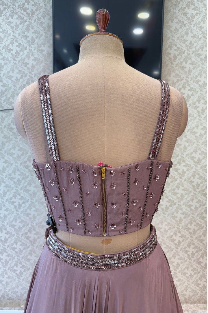 Light Brown Beads and Sequins work Crop Top Lehenga