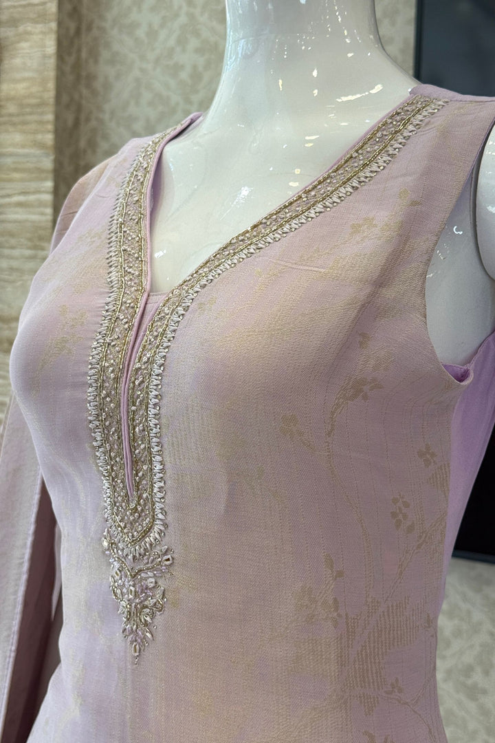 Light Lavender Banaras, Beads, Zardozi, Stone and Mirror work Straight Cut Salwar Suit