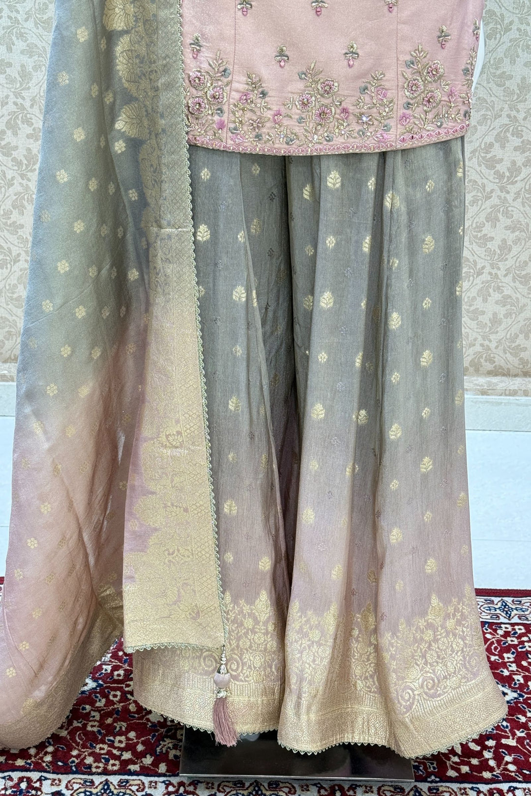 Baby Pink with Grey Mirror, Sequins, Beads, Zari, Stone and Banaras work Palazzo Salwar Suit