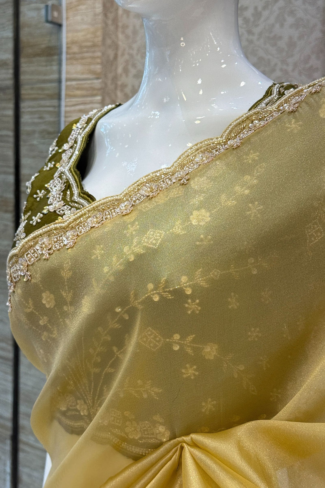 Gold Beads, Sequins, Zari and Pearls work Saree