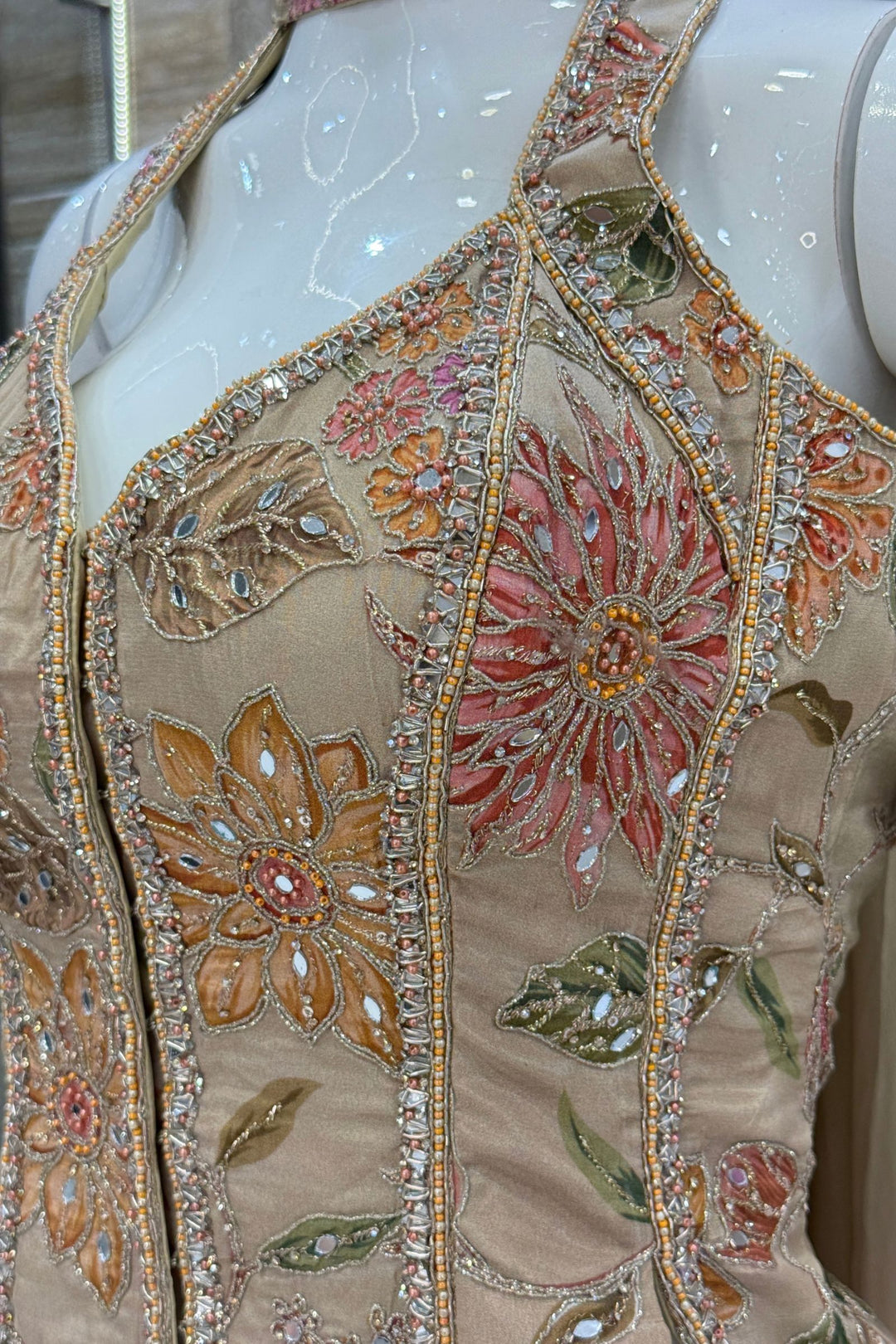 Beige Halter Neck Palazzo Set with Zardozi, Zari, Beads, Sequins, Stone and Mirror Detailing (Copy)