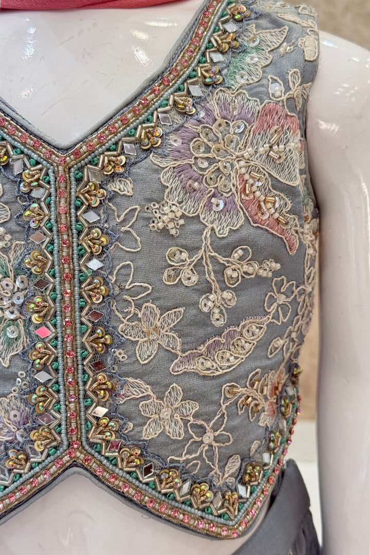 Sea Blue Thread, Beads, Stone and Mirror work Lehenga Choli for Girls