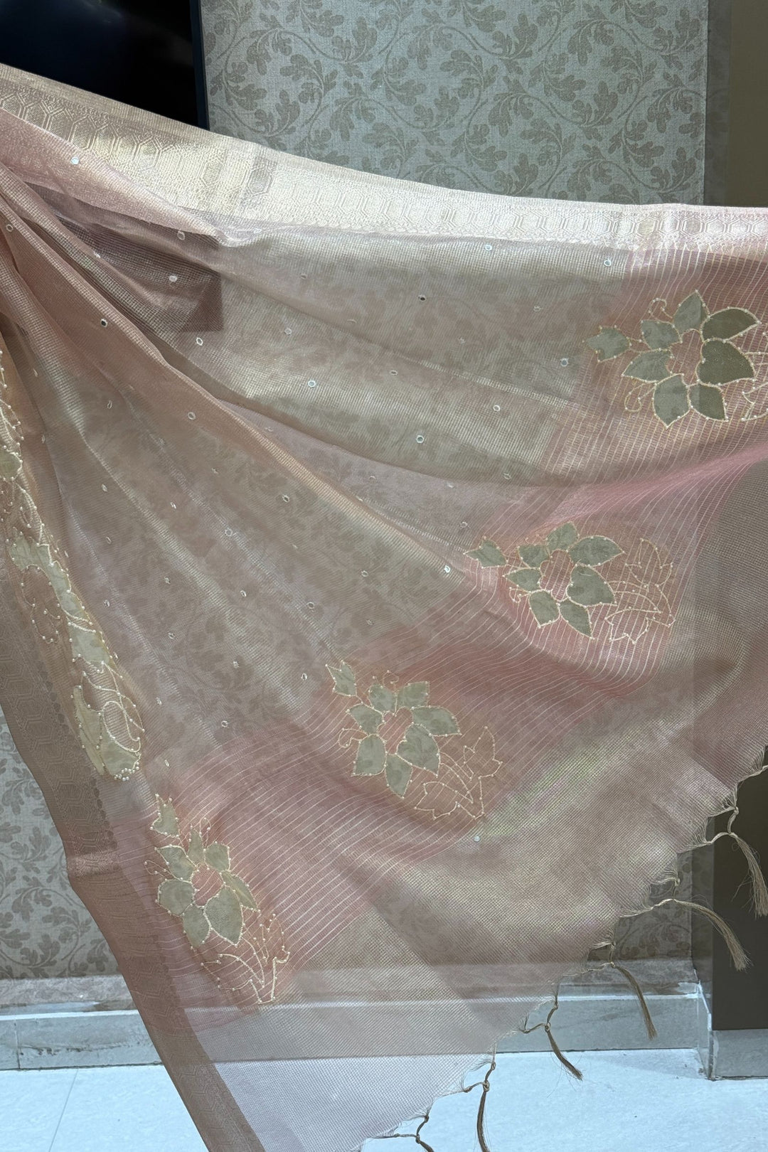 Peach Pearl and Thread work Saree