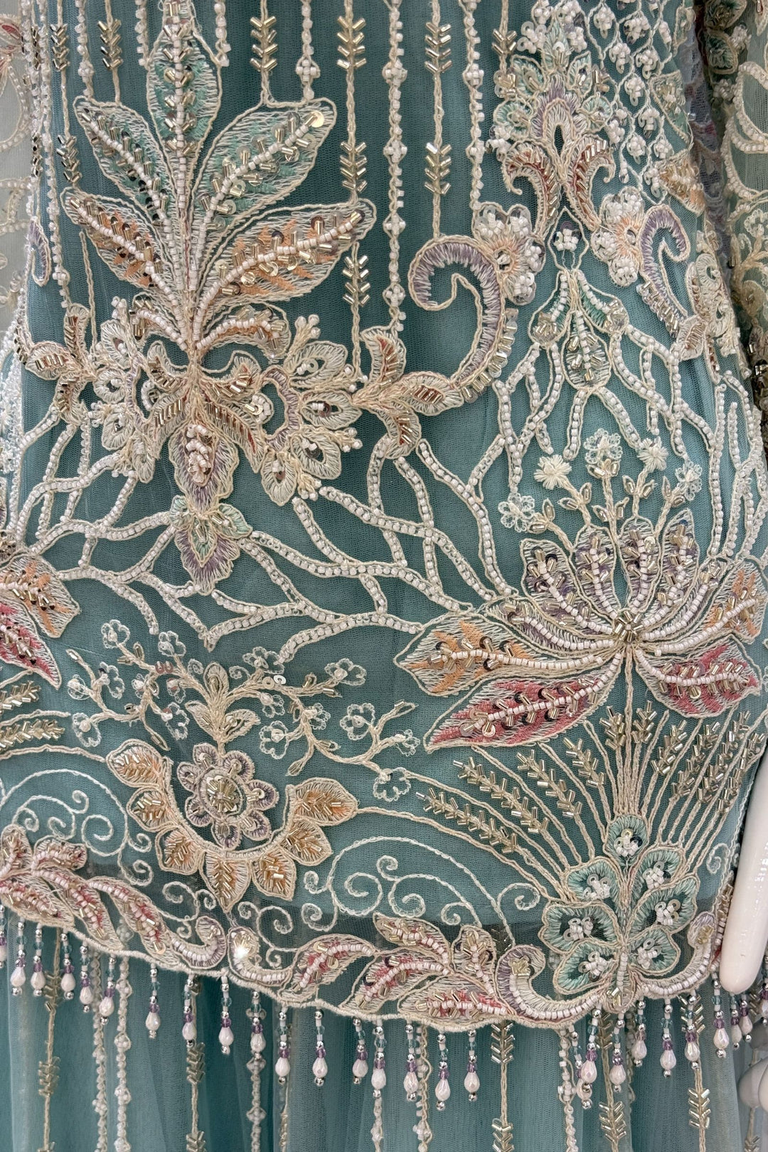 Sea Green Beads, Multicolor Embroidery and Sequins work Palazzo Suit Set