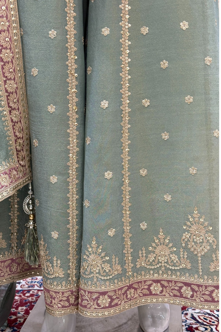 Onion Pink with Sea Green Sequins, Pearls, Stone and Zari work Palazzo Salwar Suit