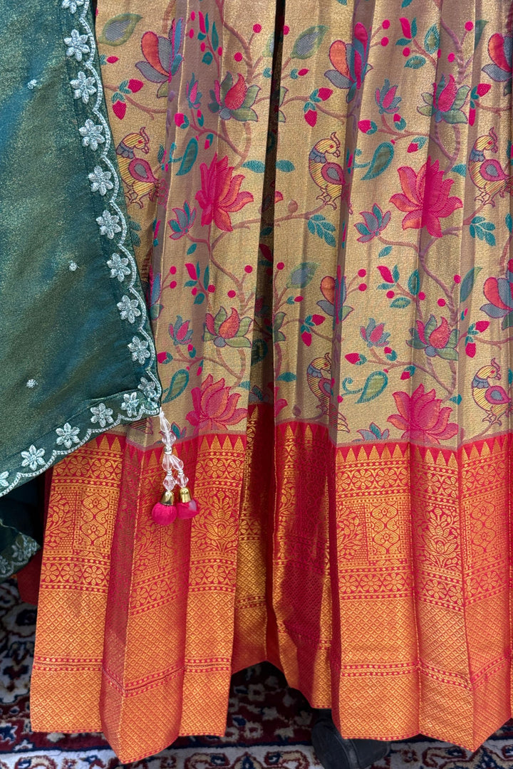 Designer Floral Banarasi Lehenga Set in Pink and Gold