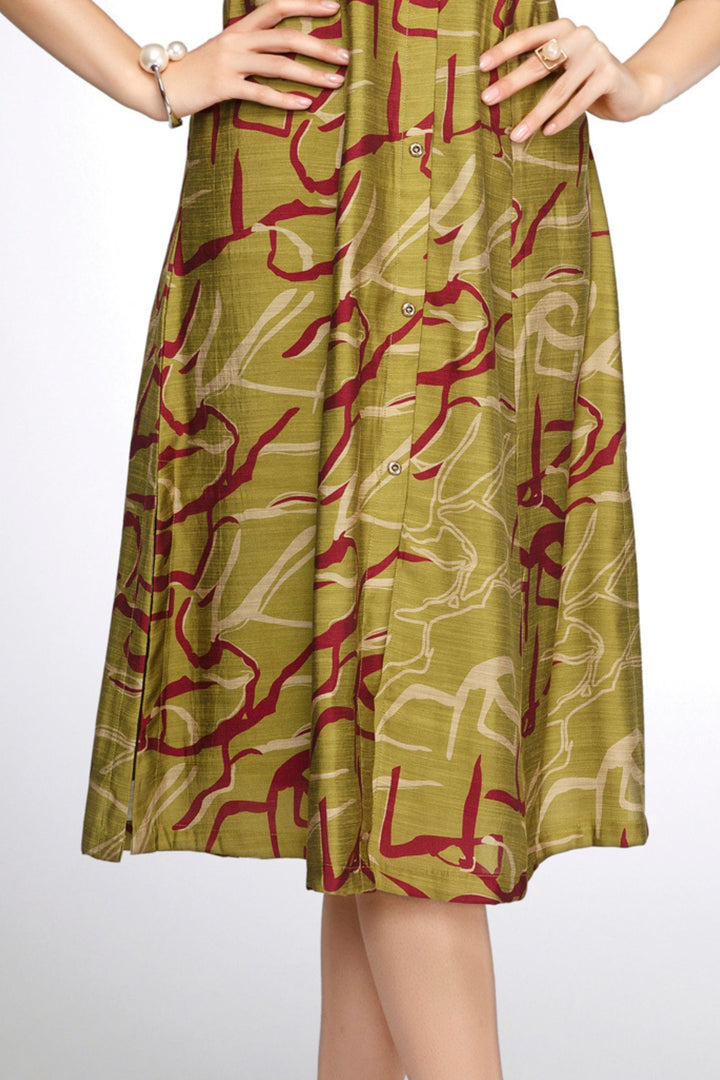 Mehendi Green Abstract Print A-Line Cut Calf Length Kurti