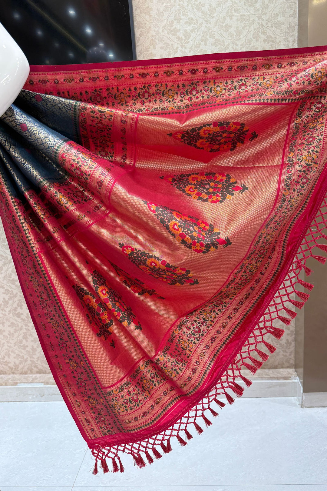 Peacock Blue with Rani Pink Banaras work Saree