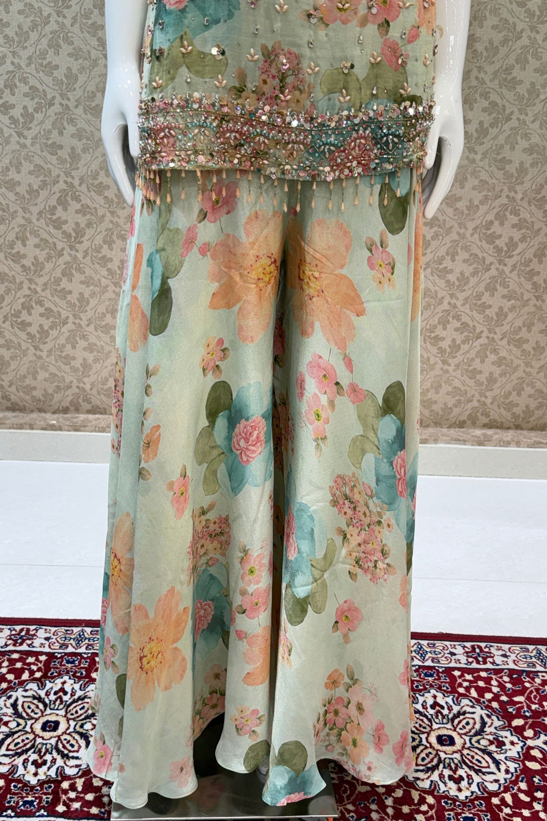 Sea Green Stone, Beads and Kundan work with Floral Print Palazzo Salwar Suit