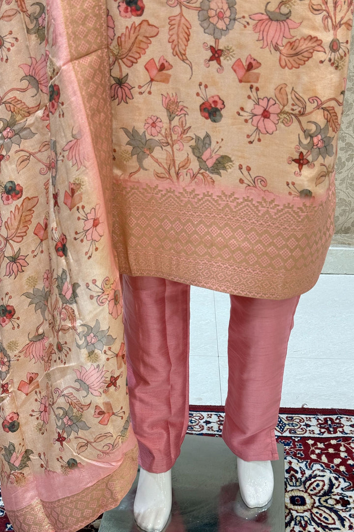 Peach Stone, Zadozi, Beads, Mirror and Zari Weaving work Straight Cut Salwar Suit