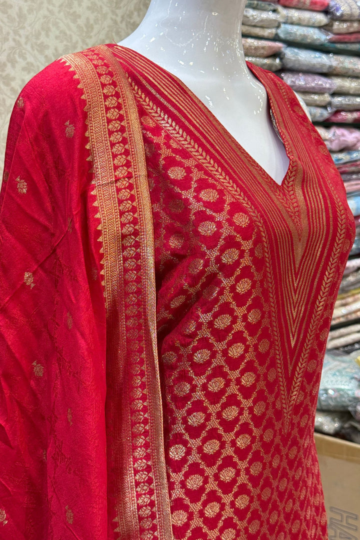 Red Banaras work V-Neck Straight Cut Salwar Suit