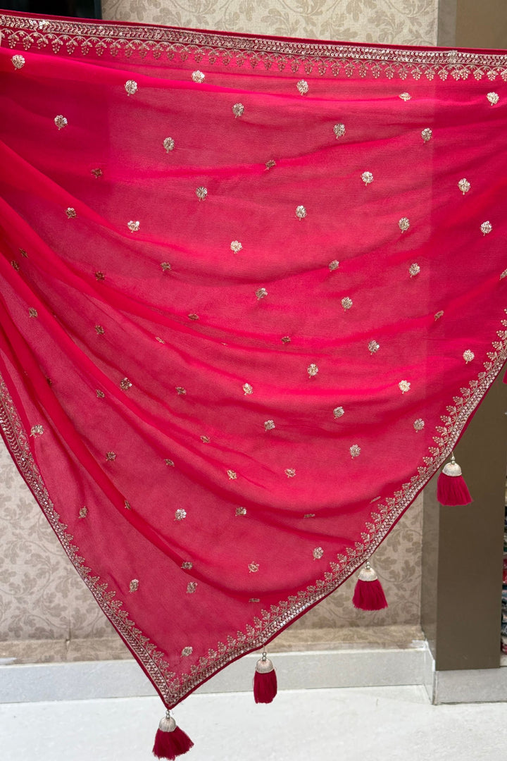 Rani Pink Zari and Sequins work Saree