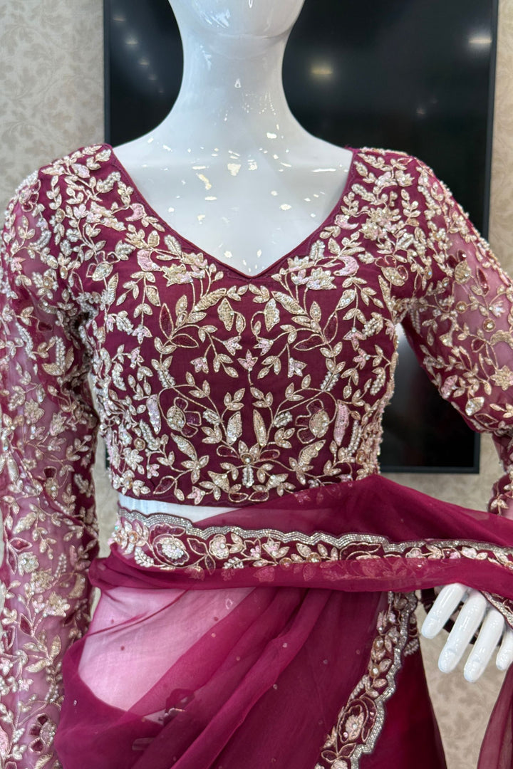 Wine Sequins, Beads, Stone and Pearl work Organza Saree with Designer V-Neck Blouse